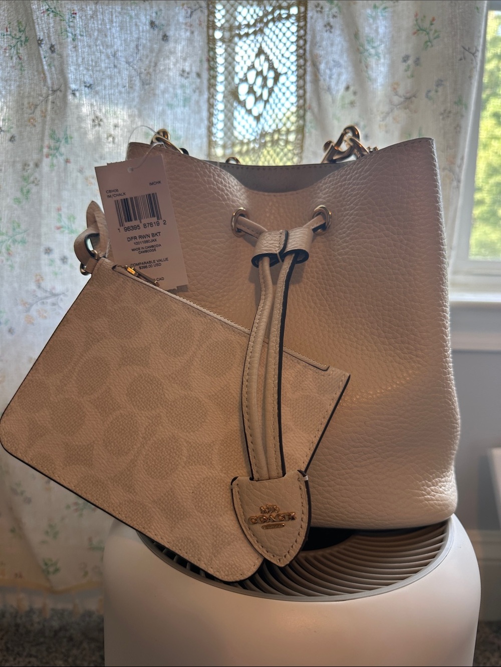 Coach Cream Pebble Leather Drawstring Bucket Bag with Signature Pouch